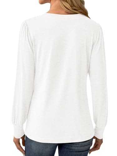 GKBK Women's Puff Long Sleeve Tunic V Neck Button Blouses Fall Tops Trendy Dressy Casual Business Henley Shirts White M - Thumbnail 2