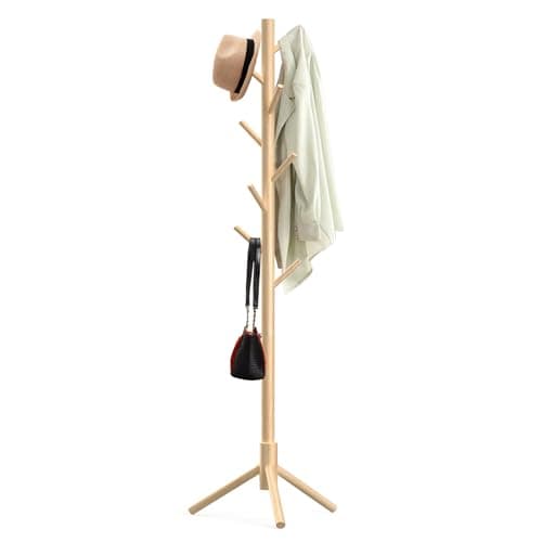 Aliphon Wooden Coat Rack Stand, Freestanding Coat Rack with 8 Hooks, 3 Adjustable Size Coat Tree for Hats, Coats, Scarves bags, Coat Hanger Stand Used in Bedroom/Office/Entryway (Natural)