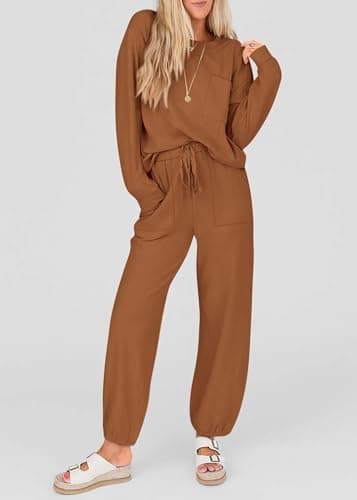 KIRUNDO Lounge Sets for Women 2026 Fall Airport Travel Outfits Ribbed Knit Tops Jogger Pants Tracksuit Postpartum Comfy Set(Dark Khaki, Medium) - Thumbnail 3