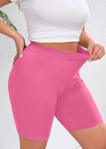 AusLook Women's Plus 8" Biker Shorts High Waist Tummy Control Fitness Athletic Workout Running Yoga Gym Volleyball Spandex Hot Pink 3X Shorts - Thumbnail 4