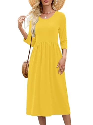 Heymoments Women Dresses Yellow Small Wedding Guest Crewneck 3/4 Sleeves A line Casual Flowy Swing Cocktail Slimming Birthday Party Spring Fall Winter Travel Long Midi Dress with Pocket - Image 1
