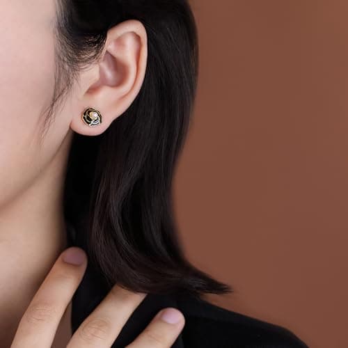 Reffeer Solid 925 Sterling Silver Flower Stud Earrings for Women Teen Girls Black Flower Stud Earrings Pearls (B-18K Gold) - Thumbnail 2