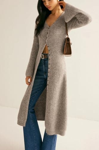 Jenisso Womens V-Neck Button Maxi Cardigan Bell Long Sleeve Open Front Split Breasted Sweater Dress Light Brown - Thumbnail 5