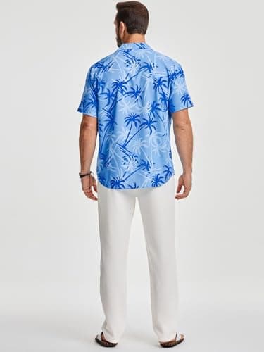 JMIERR Men 2 Piece Outfit Short Sleeve Hawaiian Beach Button Down Shirt Tropical Floral Shirt Casual Loose Pant Sets - Thumbnail 3