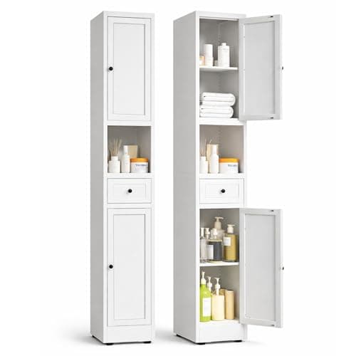 BIZOEIRON 71 Inch Tall Narrow Bathroom Storage Cabinet, Slim Metal Freestanding Floor Cabinet with Doors, Adjustable Shelves, Drawer & Open Shelf, Bathroom Organizer for Small Spaces, White - Image 1