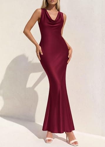 KIRUNDO Womens Summer Cowl Neck Sleeveless Satin Maxi Dress Elegant Bodycon Cocktail Wedding Guest Party Long Dresses(Burgundy, Large) - Thumbnail 4