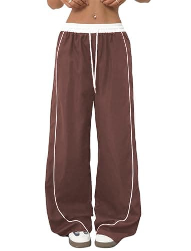 ZAFUL Womens Parachute Pants Y2K Wide Leg Cargo Sweatpants Drawstring Waist Jogger Pants with Pockets Coffee XL - Image 1