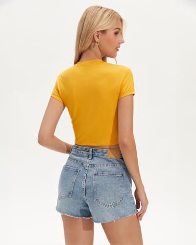 Stelle Womens Short Sleeve Crop Tops Crewneck Basic T Shirts Cute Going Out Baby Tee Yellow Medium - Thumbnail 2