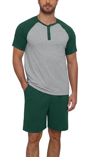NITAGUT Mens Pajama Set 2 Piece Henley Sleepwear Lightweight Short Sleeve Loungewear Soft Comfy Sleep Set with Button,Green S - Image 1