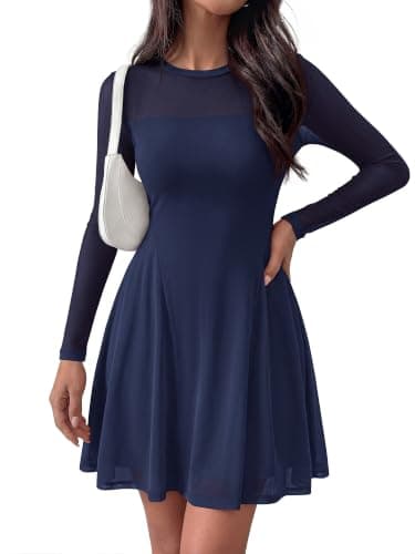 BTFBM Women’s Mini Dress Sheer Mesh Long Sleeve Flowy A Line Casual Cocktail Party Going Out Dresses 2026 Fall Fashion(Navy Blue, Small) - Thumbnail 2