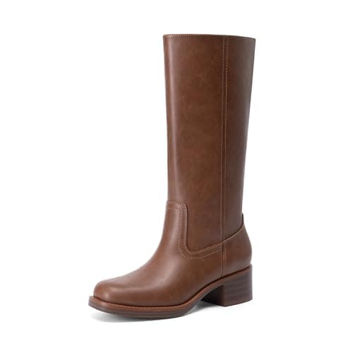 DREAM PAIRS Women's Mid Calf Riding Boots Square Toe Retro Banana Boots Chunky Block Heel Pull-On Fashion Boots,Size 6,Brown,SDMB26004W - Image 1
