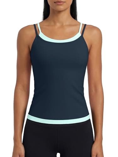 ATTRACO Sports Bra Tank Top for Women Workout Athletic Built in Bra Tank Tops Slim Fit Double Lined Camisoles Navy/Light Blue - Image 1