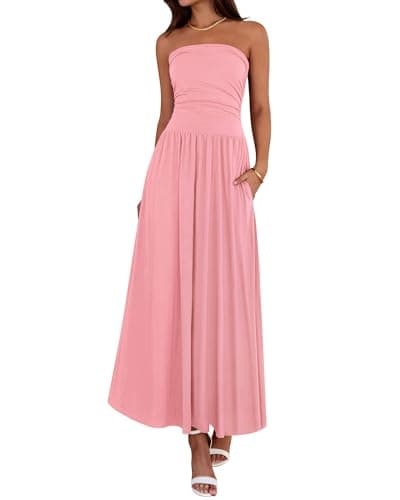 BTFBM Summer Maxi Dresses for Women 2026 Strapless Ruched Tube Top Beach Vacation Spring Wedding Guest Dress Pockets (Pink, X-Large) - Image 1