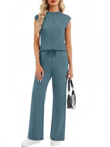 Casly Lamiit 2 Piece Sets for Women Summer Travel Outfits Casual Wide Leg Pants Short Sleeve Airport Lounge Sets Spring Clothes Storm Blue M - Thumbnail 2