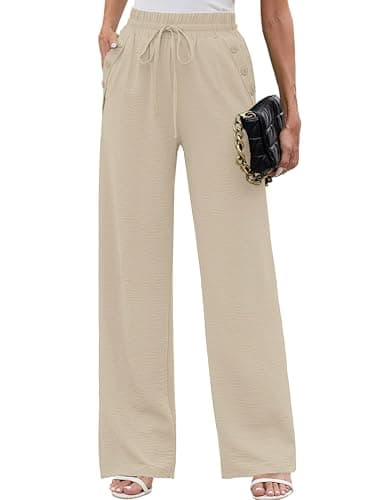 Heymoments Women Wide Leg Pants Light Khaki Small High Waist Loose Casual Pants Adjustable Tie Knot Belted Long Straight Trousers with Pockets - Image 1