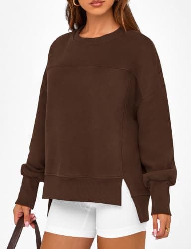 BTFBM Women's Casual Crewneck Sweatshirts 2026 Spring Long Sleeve Side Slit Workout Fleece Pullover Top Fall Fashion Clothing(Coffee, Small) - Thumbnail 6