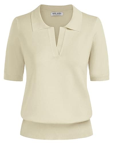 Kate Kasin Short Sleeve Sweaters for Women, V Neck Knit Tops, Business Casual Polo Shirts Apricot S - Image 1