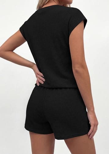 KIRUNDO Short Sets For Women 2026 Summer Cap Sleeve Two Piece Set Waffle Knit Matching Lounge Drawstring Vacation Outfits(Black, Medium) - Thumbnail 3