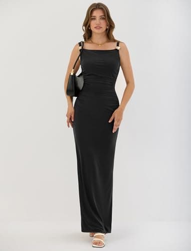 ZAFUL Black Formal Dresses for Women's Sexy Wedding Guest Dress Sleeveless Cocktail Floral Mesh Ruched Bodycon Maxi Party Long Dresses Sexy - Thumbnail 4