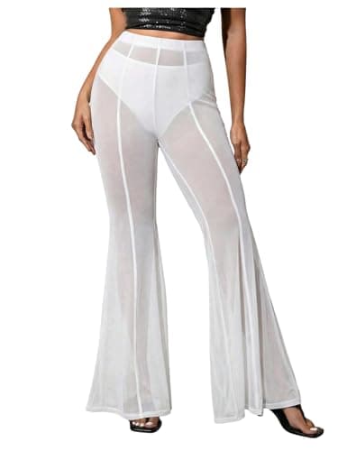 Milumia Women's Sheer Mesh Flare Pants Sexy High Waist Loose Bell Bottoms Party Club Trousers White X-Small - Image 1