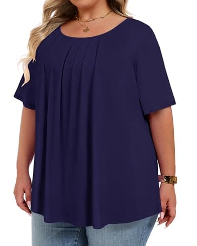 JOELLYUS Womens Plus Size Tops Summer Short Sleeve Shirts Flowy Crewneck Casual Loose Tunic Top Blouses (Dark Blue, XL) - Thumbnail 3