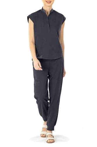 Bovchies Scrubs for Women Set - Sleeveless Stand Collar Scrub Top & Drawstring Jogger Pants, Scrub Set for Nurse Workwear, Charcoal Gray Scrubs Sets for Women XXL - Image 1