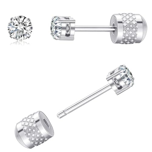 MHWTTY Silver Stud Earrings for Women: Threadless Flat Back Earrings Push in Flatback Studs with 4mm CZ Trendy Surgical Steel Hypoallergenic Comfortable