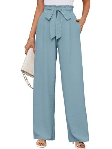 KORSIS Pants for Women Lightweiht Waisted Adjustable Tie Knot Loose Comfy Casual Trousers with Pocket Blue Gray S - Image 1