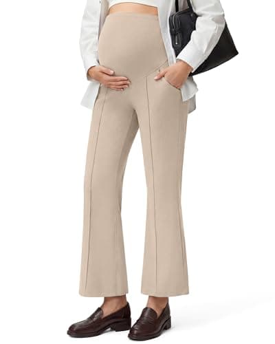 G4Free Maternity Wok Pants Over Bump with Pockets Casual Yoga Flare Pregnancy Bootcut Leggings Ankle Length (Light Khaki,S,Tall) - Image 1