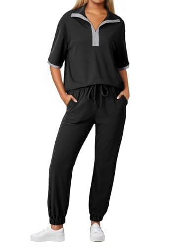 Dokotoo Two Piece Sets for Women Cozy Casual Womens Sports Clothes Lapel V-Neck Short Sleeve Sweatsuit Gym Jogger Matching Pajamas Tracksuit Sets Black Medium - Image 1