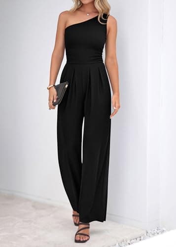 KIRUNDO One Piece Jumpsuits For Women Dressy 2026 One Shoulder Formal Ribbed Wide Leg Rompers With Pockets Summer Outfits(Black, X-Large) - Thumbnail 4