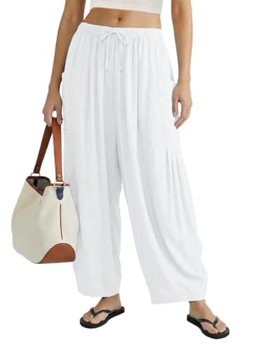 COCOMARTS Womens Linen Wide Leg Palazzo Pants Casual Loose Elastic Drawstring Flowy Pant 2025 Fall Travel Baggy Harem Pants with Pocket White Small - Image 1