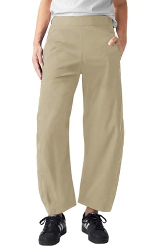 EGOCKAL Womens Elastic Waist Ankle Pants Baggy Curved Tapered Leg Barrel Travel Pants with Pockets Khaki