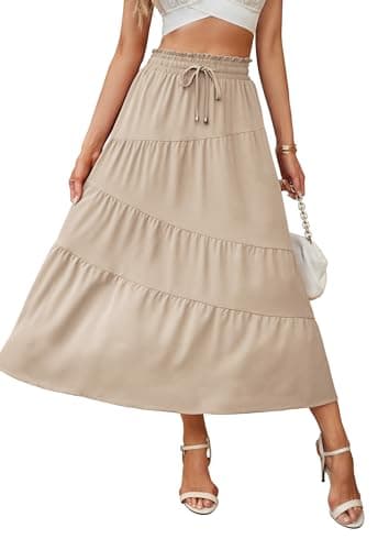 ECOWISH Women Boho Maxi Skirt: Summer Asymmetric Tiered Drawstring Elastic High Waist A-Line Flowy Long Skirts with Pockets 441 Khaki L - Image 1