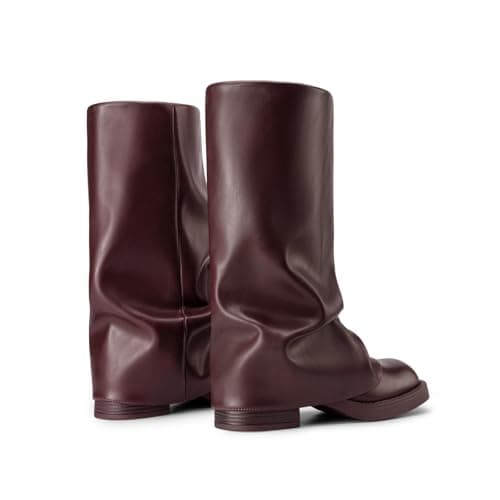 Athlefit Women's Fold Over Mid Calf Boots Slouchy Platform Low Heel Square Toe Slip On Wide Calf Burgundy Boots for Club Date Night Size 11 - Thumbnail 5