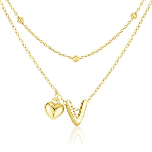 adoyi Gold Heart Initial Necklaces for Women Hers Dainty 14K Gold Plated Heart Initial Necklaces Layered Letter V Pendant Necklace Stack Birthday Valentines Gifts for Women Jewelry - Image 1
