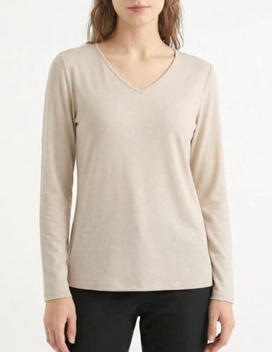 GAMISS Women's Top Casual Shirt V Neck Long Sleeve Basic Solid Color Tee Beige M - Thumbnail 2