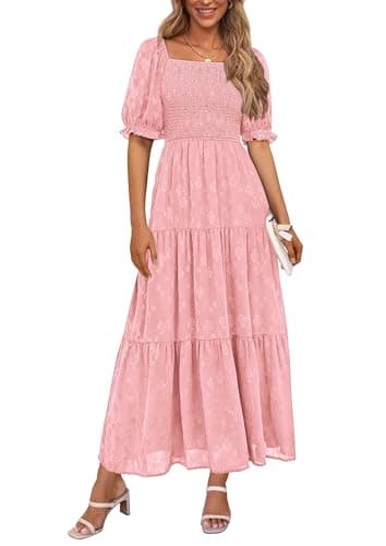 PRETTYGARDEN Women's 2026 Summer Casual Midi Dresses Square Neck Short Sleeve Smocked A Line Floral Flowy Elegant Boho Dress (Pink,Small) - Image 1