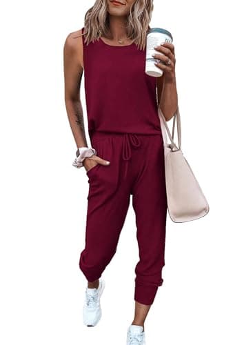 PRETTYGARDEN Women's Two Piece Outfit Sets Casual Summer Sleeveless Matching Lounge Wear Spring Travel Clothes Tracksuit (Wine Red,X-Large) - Image 1