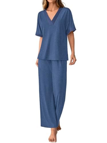 GKBK Womens Two Piece Outfits Pajama Sets 3/4 Dolman Sleeve Sleepwear Nightwear Loungewear Matching Pjs 2 Piece Lounge Set Lightweight Sweatsuit Fall Fashion Ooutfit Navy Blue M - Thumbnail 5