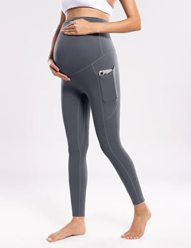 POSHDIVAH Women's Maternity Workout Leggings with Pockets Over The Belly Pregnancy Soft Active Wear Yoga Pants Grey Small - Thumbnail 3