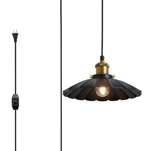 Oyisen Plug in Hanging Light, Vintage Black 9.8 Inch Lampshade 14Ft Plug in Pendant Light for Dining Room and Living Room, Kitchen Island Retro On/Off Switch Hanging Lamp Fixtures - Image 1