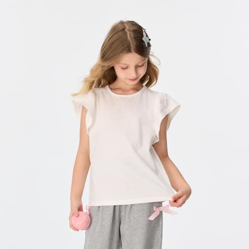 MIANZHI Girls Summer Shirts Kids Striped Ruffle Sleeve T Shirts Crew Neck Casual Tops Cute Short Sleeve Tees 5-14 Years Beige - Thumbnail 3