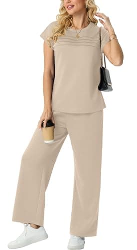 GRECERELLE Matching Sets for Women 2 Piece Summer Travel Outfit Cap Sleeve Top and Wide Leg Pants Set with Pockets Casual Lounge Vacation Airport Outfit - Image 1