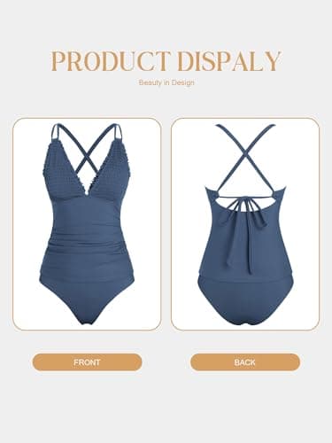 ZAFUL Tankini Swimsuits for Women Smocked Two Piece Tankinis Modest Tummy Control Bathing Suit Sexy Adjustable Straps Push Up Swimsuits with High Waisted Bottom Slimming Full Coverage Swimwear Blue S - Thumbnail 6