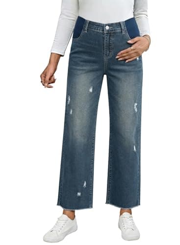 BLENCOT Women's Maternity Distressed Capri Jeans Under Belly Elastic Waist Wide Leg Raw Hem Cropped Denim Pants Soft Stretchy Comfy Summer Clothes Blue Sapphire 2XL - Image 1