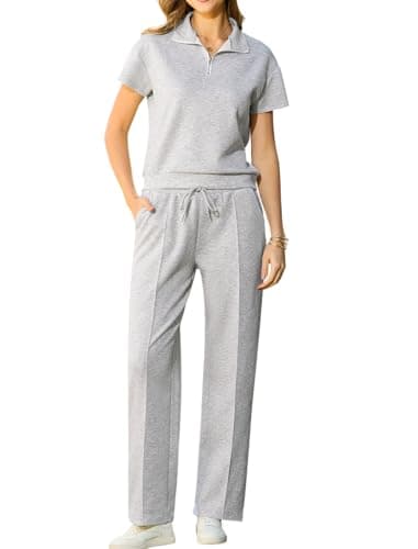 difficort Women 2 Piece Lounge Sets 2026 Casual Summer Outfits Lapel Half Zip Crop Tops Wide Leg Pant Tracksuit, Light Grey, XX-Large - Image 1