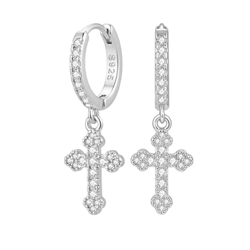 Sterling Silver Cross Hoop Earrings for Women 925 Silver Dangle Drop Earrings Dainty Trendy Sparkly Dangling Earrings Small Dangly Huggie Hoops with Cubic Zirconia Charms Mens Cross Earrings - Image 1