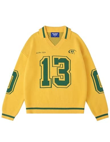 Aelfric Eden Graphic Polo Sweater Women Oversized V Neck Knit Sweaters Y2k Long Sleeve Pullover Vintage Number Sweater Tops Yellow - Image 1