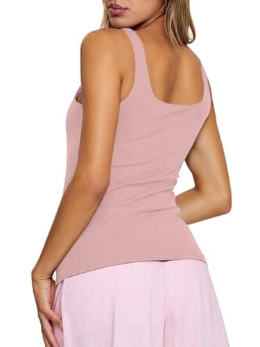 PINKMSTYLE Square Neck Tank Tops for Women Double Layer Slim Sleeveless Summer Top Mist Pink Large - Thumbnail 4